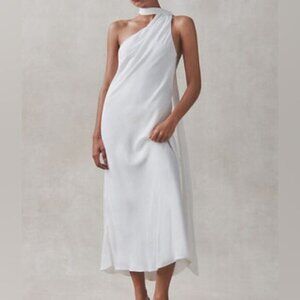 Anthropologie BHLDN Nicoletta One-Shoulder Scarf White Satin Midi Dress (Small)
